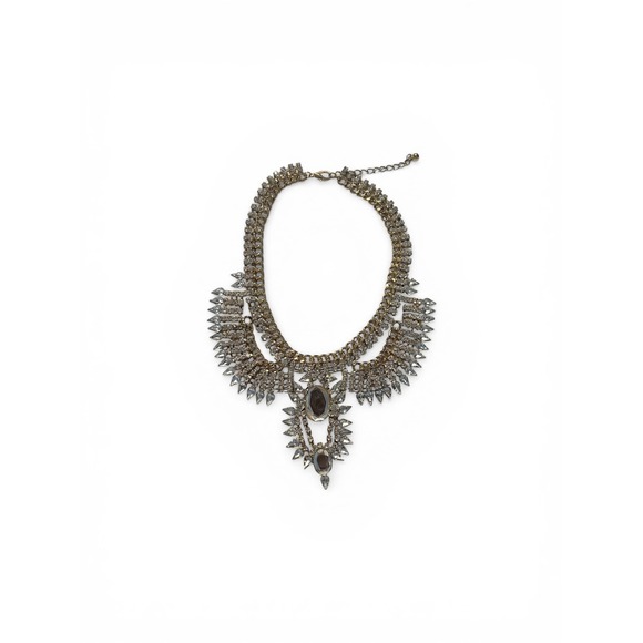 Gold Tone Rhinestone Statement Bib Necklace Clear Crystal Fringe Multi Tiered